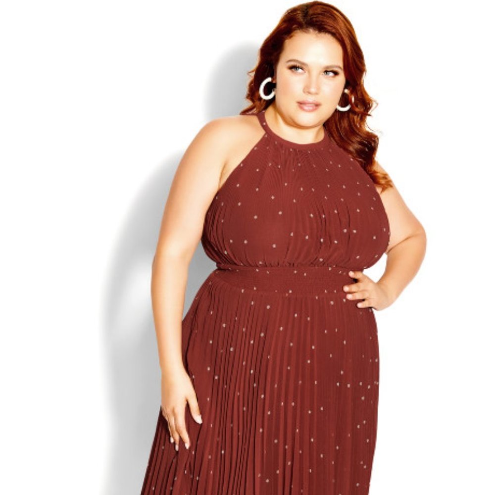 CITY CHIC Pleated Spot Dress - Cinnamon (Size 18)